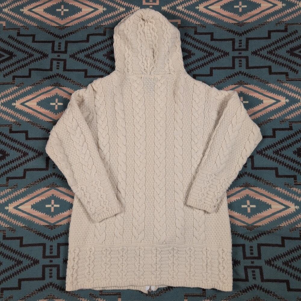 Blarney Aran Ireland Merino Wool Hooded Cardigan Fisherman Cableknit Large - Picture 2 of 7